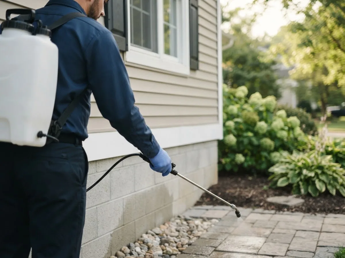 Pest control technician inspecting a home in Bloomington, TX